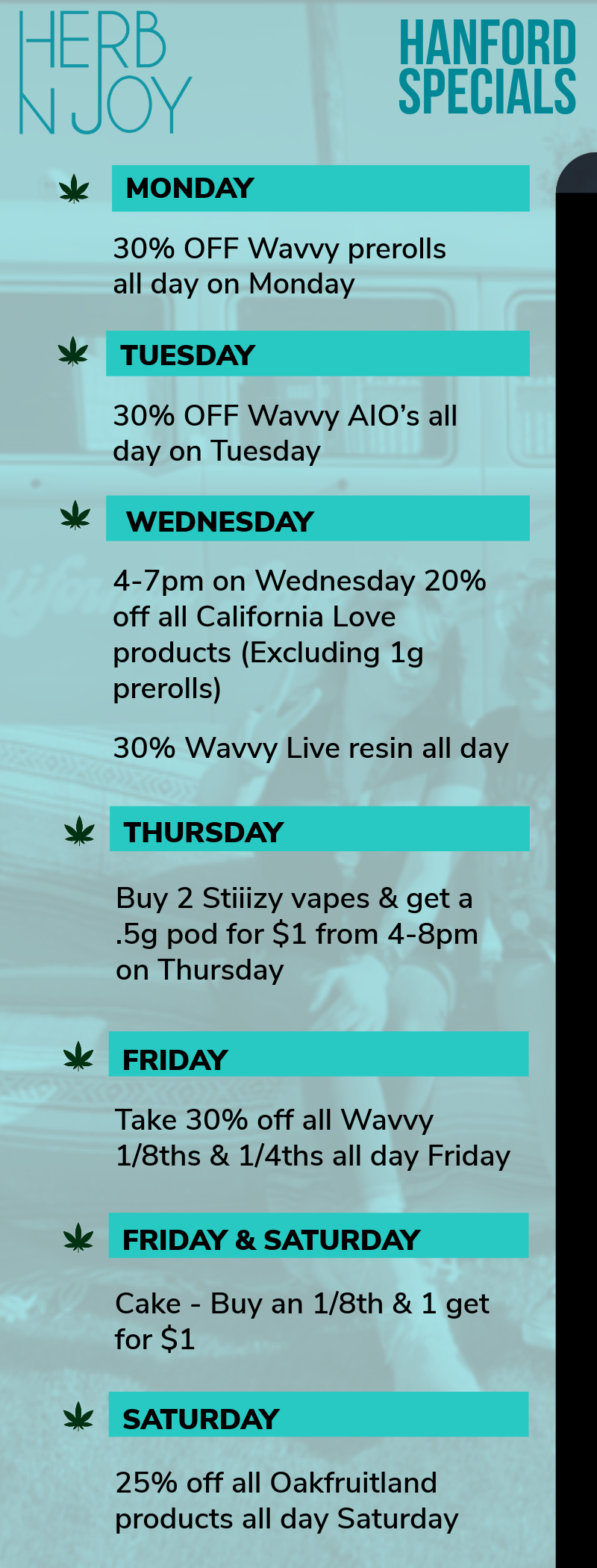 Speacial deals each day of the week