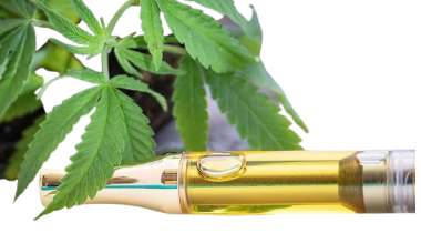 cannabis vape cartridge next to cannabis leaf